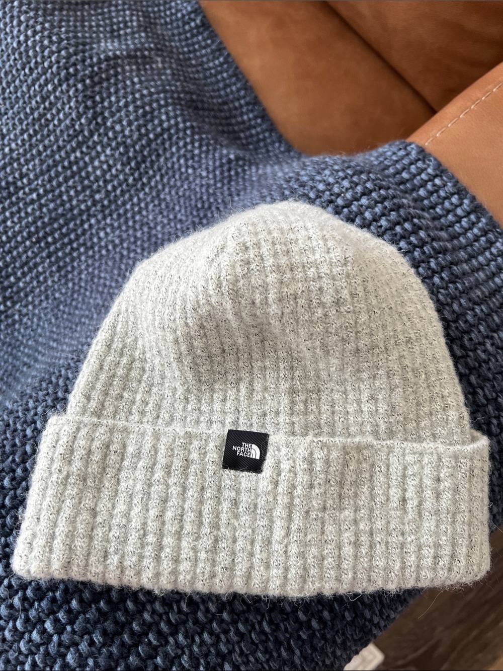 The North Face Gray Grey Ribbed Cuff Beanie with Logo Patch